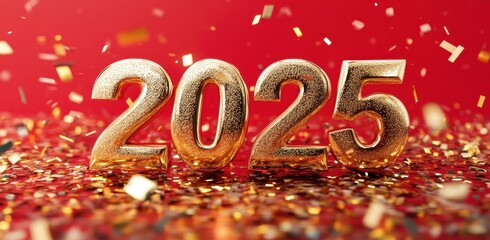 2025 gold for happy new year and holiday. New Year 2025 background. Gold dots glitter on black background, holiday design with gold snowflakes