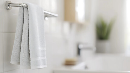 White towel hanging on the wall in the bathroom. Close up.