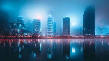 Fototapeta premium Glistening city lights shine through dense fog