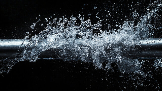 Water bursting from broken pipe intense flow