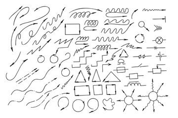 Vector arrows symbol doodle on different shapes and variation graphic sketch illustration. Simple line art of curve, for business projects and education