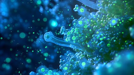Abstract blue and green 3D rendering of a virus or cell with a blurred background.