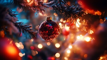 A festive ornament glows amidst twinkling lights