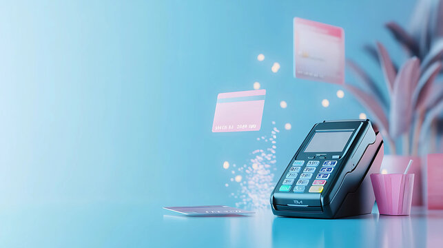 Payment terminal, credit card reader on blue background. Digital payment technology concept