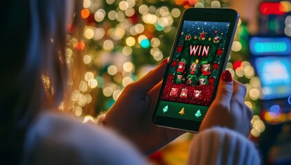 A woman plays a holiday game on his phone and wins at an online casino