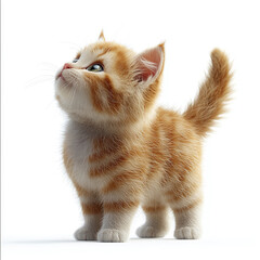 Adorable Ginger Kitten Looking Up with Curiosity and Fluffy Tail Raised High
