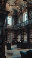 A large room with many bookshelves and a desk