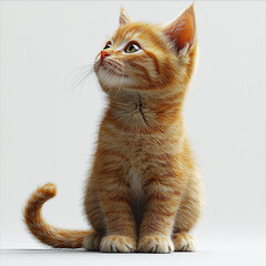 Adorable Ginger Kitten Sitting and Looking Up with Curiosity on a White Background