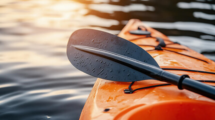 Close up of a kayak with paddle on the water at sunset