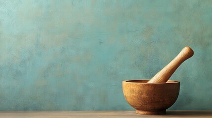  A mortar and pestle in a wooden bowl on a table with a blue painted wall background