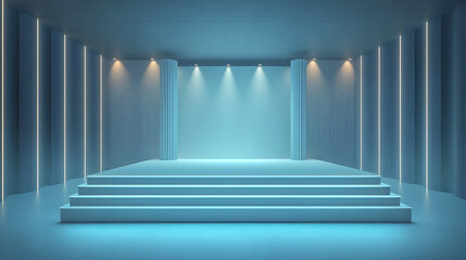Abstract blue interior with stairs and lights. 3D rendering. Mock up