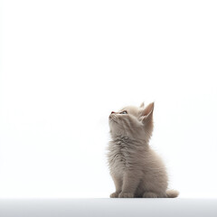 Curious Kitten Gazing Upward in a Minimalist Setting on a White Background