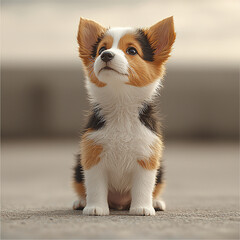 Adorable Tricolor Corgi Puppy Sitting on Pavement Looking Up with Curious Expression