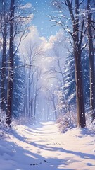 A snowy forest with trees covered in snow