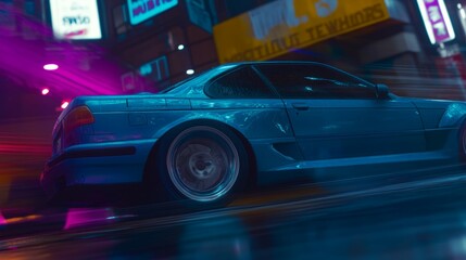 Obraz premium Car driving on night street. Long exposure, blurred motion.