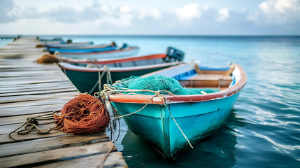 Obraz premium Colorful fishing boats at the pier on the blue sea background.