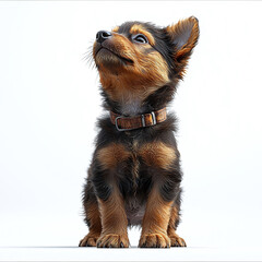 Cute Puppy with Brown Collar Looking Up on White Background - Adorable Pet Portrait for Stock Photography and Animal Enthusiasts