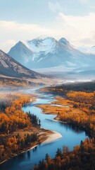 A river runs through a valley with mountains in the background