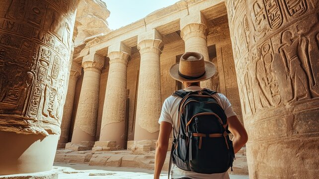 A man wearing a straw hat and a backpack is walking through a temple