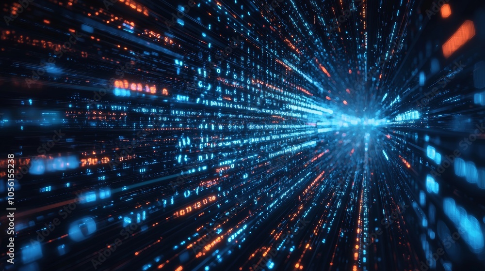 Poster futuristic data stream with glowing blue and red digital particles