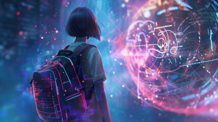 Student with a futuristic backpack is observing a large, complex hologram displaying data and information, suggesting advancements in education and technology within a smart city environment