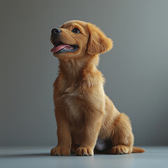 Golden Retriever Puppy Sitting with Tongue Out, Looking Upward in a Studio Setting - Adorable Pet Portrait for Animal Lovers and Stock Photography