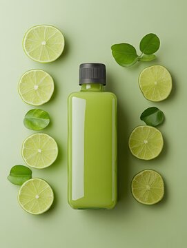 Fresh Lime Juice in Modern Bottle with Lime Slices