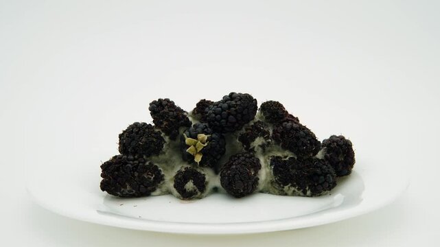 Super time lapse of supermarket blackberries dehydrate and begin to mold after fruits left in light up place or lightbox for 13 days