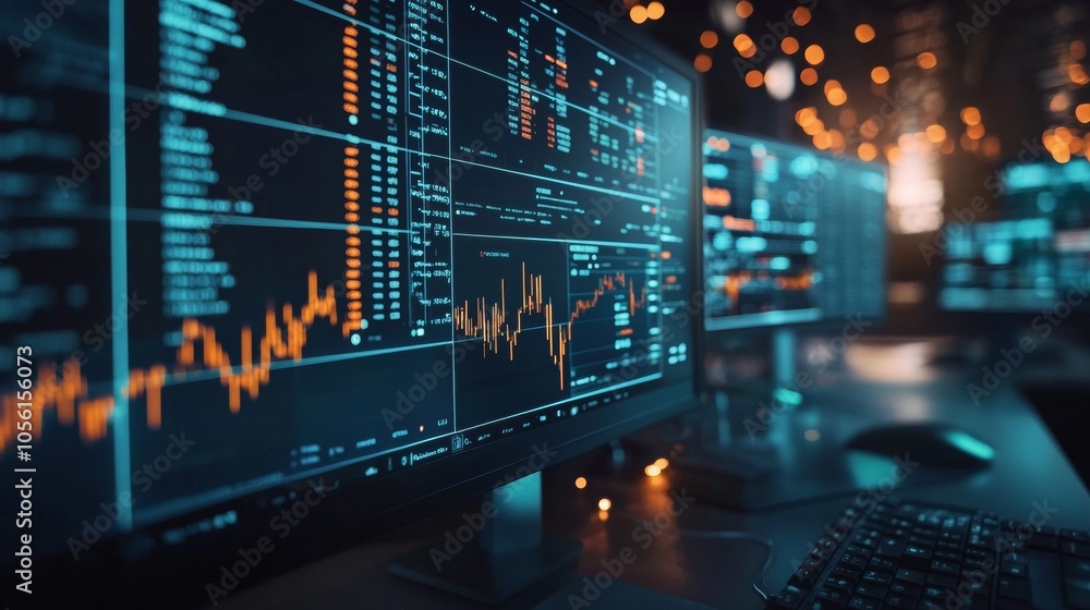 Aufkleber stock market data displayed on multiple glowing monitors in a trading office