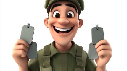 A joyful 3D cartoon soldier holding a pair of dog tags, with a wide smile,