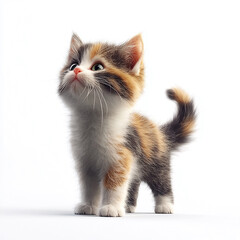 Adorable Calico Kitten Looking Up with Curiosity on a White Background