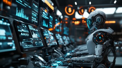 Fototapeta premium A row of sleek robots operating at trading terminals