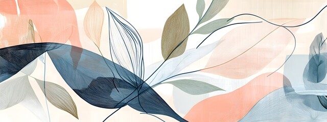 Abstract line art, botanical and boho shapes and lines, in muted colors of peach tones, pink blush, sage green, and blue hues, hand-drawn.
