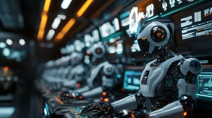 Fototapeta premium A row of sleek robots operating at trading terminals