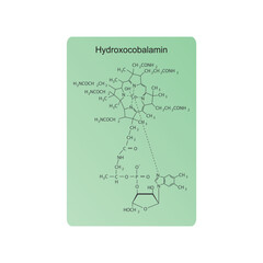 Hydroxocobalamin skeletal structure diagram.Vitamin B12 compound molecule scientific illustration.