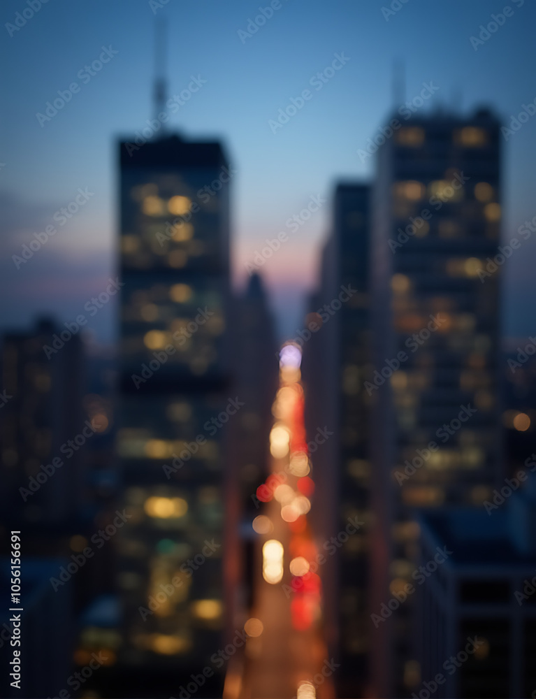 Poster evening cityscape has blurred background with luminous window reflections creating a unique visual e