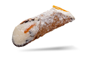 Sicilian cannolo isolated. Sicilian sweet type made with crispy cylindrical wafer filled with sweet...