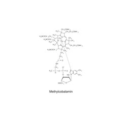 Methylcobalamin skeletal structure diagram.Vitamin B12 compound molecule scientific illustration.