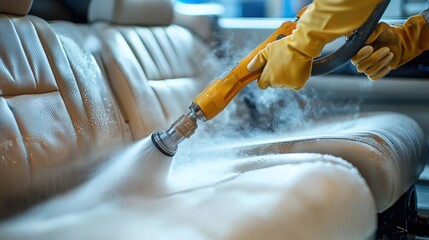 Deep cleaning of leather car seats in a well-lit automotive detailing shop