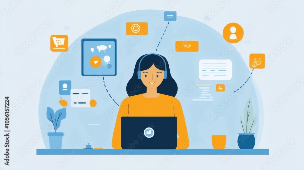 Poster a modern workspace where a customer support specialist is interacting with clients