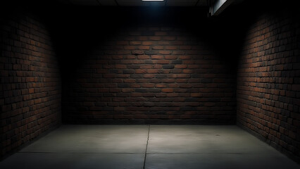 Empty brick basement has dark textured walls with a black background.