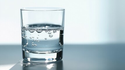 A pristine glass of water sitting on a reflective surface,