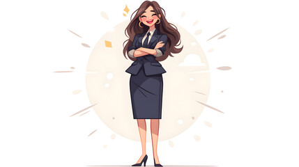 Confident businesswoman with arms crossed, smiling and wearing a suit, standing against a white background with a circular shape behind her.