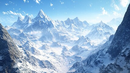 A mountain range covered in snow with a clear blue sky in the background