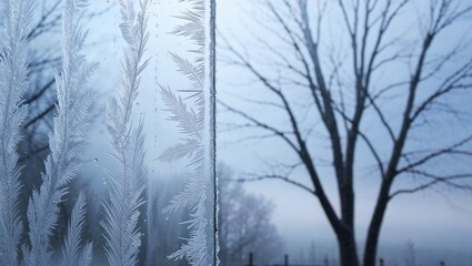 Frosted window with intricate patterns on dark winter morning
