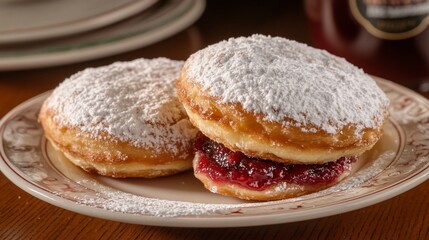 Two freshly baked, powdered sugar dusted donuts with raspberry jam filling on a white plate.