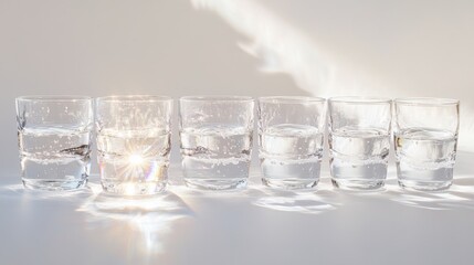 A row of glasses filled with clean, clear water, with light shining through each,