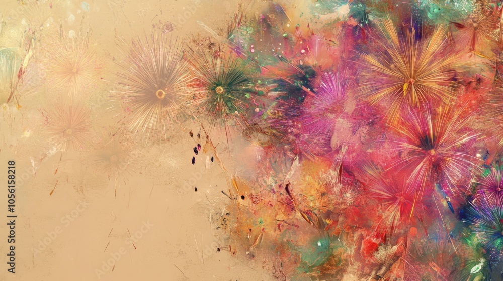 Poster a serene beige background enhanced by a dynamic display of fireworks