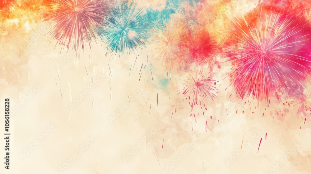 Poster a serene beige background enhanced by a dynamic display of fireworks