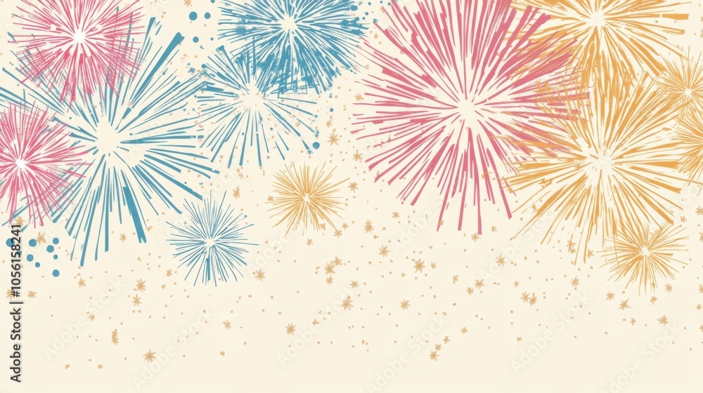 Poster a serene beige background enhanced by a dynamic display of fireworks